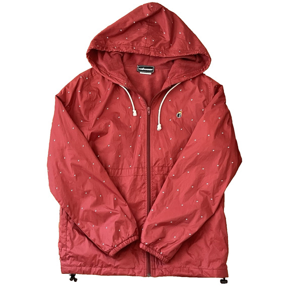 Red Hooded Windbreaker Jacket L Fleece Lined Zip Up Y2K Streetwear Skate Retro - Picture 1 of 9